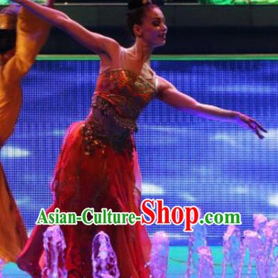 Chinese Back to Song Dynasty Classical Dance Red Dress Stage Performance Costume and Headpiece for Women