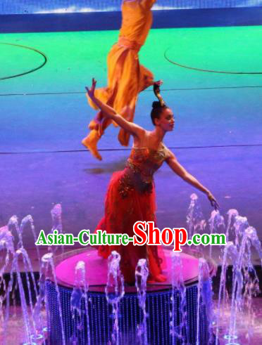 Chinese Back to Song Dynasty Classical Dance Red Dress Stage Performance Costume and Headpiece for Women Chinese Back to Song Dynasty Classical Dance Red Dress Stage Performance Costume and Headpiece for Women