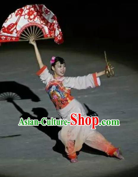 Chinese Sutras In The Golden Hill Folk Fan Dance Dress Stage Performance Costume and Headpiece for Women Chinese Sutras In The Golden Hill Folk Fan Dance Dress Stage Performance Costume and Headpiece for Women