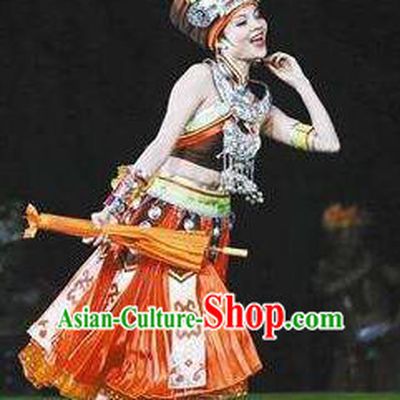 Chinese Dragon Boat Song Tujia Nationality Ethnic Dance Dress Stage Performance Costume and Headpiece for Women