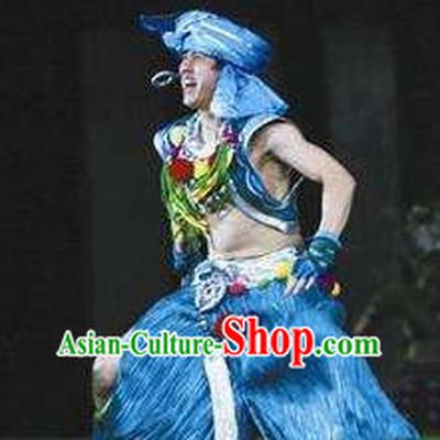 Chinese Dragon Boat Tujia Nationality Ethnic Dance Stage Performance Blue Costume for Men