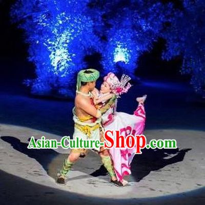 Chinese Dragon Boat Song Tujia Nationality Ethnic Wedding Bride and Bridegroom Stage Performance Dance Costumes for Women for Men