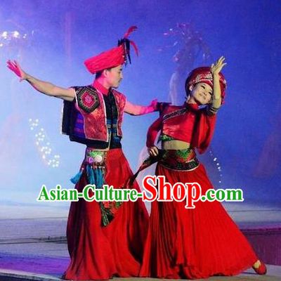 Chinese Dragon Boat Song Tujia Nationality Ethnic Wedding Stage Performance Dance Red Costumes for Women for Men