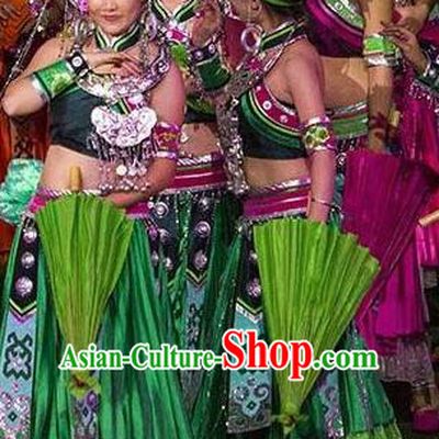 Chinese Dragon Boat Song Tujia Nationality Ethnic Dance Green Dress Stage Performance Costume and Headpiece for Women