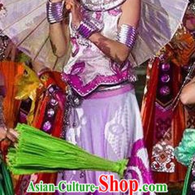 Chinese Dragon Boat Song Tujia Nationality Ethnic Dance Purple Dress Stage Performance Costume and Headpiece for Women