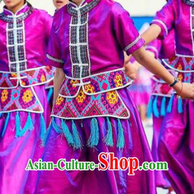 Chinese Dragon Boat Song Tujia Nationality Ethnic Dance Purple Dress Stage Performance Costume and Headpiece for Women