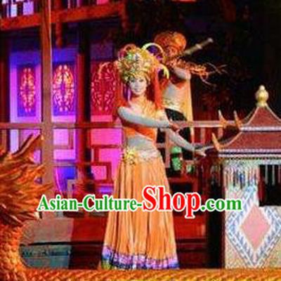 Chinese Dragon Boat Song Tujia Nationality Ethnic Dance Orange Dress Stage Performance Costume and Headpiece for Women