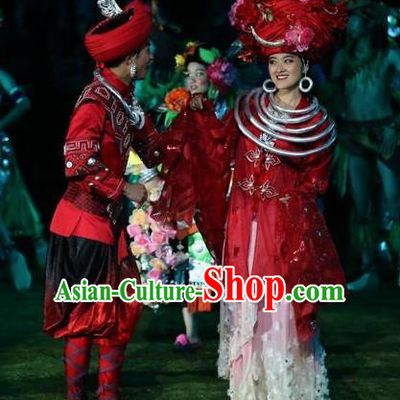 Chinese Dragon Boat Song Tujia Nationality Ethnic Wedding Stage Performance Dance Costumes for Women for Men