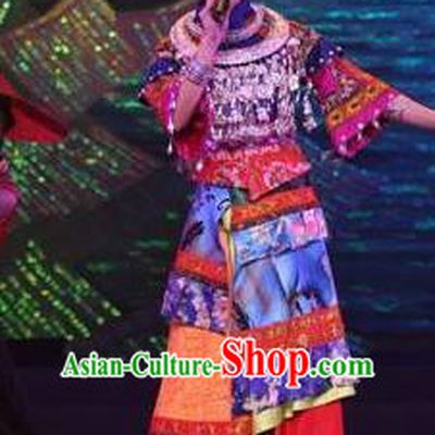 Chinese Dragon Boat Song Tujia Nationality Bride Ethnic Dance Dress Stage Performance Costume and Headpiece for Women