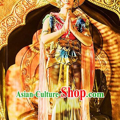 Chinese the Porcelain Tower Ceremony Flying Apsaras Classical Dance Dress Stage Performance Costume and Headpiece for Women