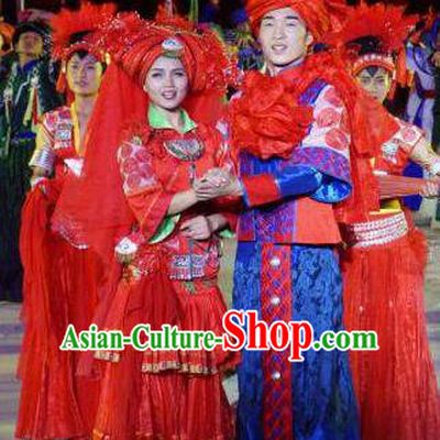 Chinese Dushan Ceremony Bouyei Nationality Wedding Bride and Bridegroom Stage Performance Dance Costumes for Women for Men