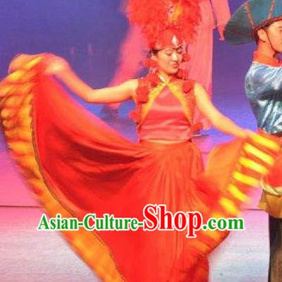 Chinese Impression of Lijiang Naxi Nationality Bride Ethnic Dance Red Dress Stage Performance Costume and Headpiece for Women