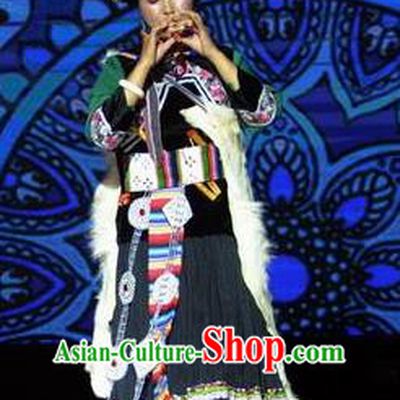 Chinese Impression of Lijiang Naxi Nationality Ethnic Dance Black Dress Stage Performance Costume and Headpiece for Women