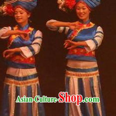 Chinese Lishui Jinsha Yi Nationality Dance Blue Dress Ethnic Stage Performance Costume and Headpiece for Women