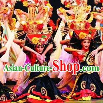 Chinese Lishui Jinsha Yi Nationality Dance Dress Ethnic Stage Performance Costume and Headpiece for Women