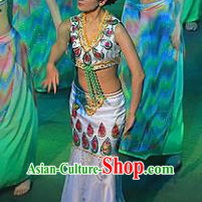Chinese Lishui Jinsha Dai Nationality Peacock Dance White Dress Ethnic Stage Performance Costume and Headpiece for Women