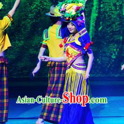 Chinese Lishui Jinsha Yi Nationality Dance Blue Dress Ethnic Stage Performance Costume and Headpiece for Women