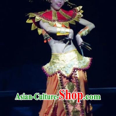 Chinese Lishui Jinsha Dai Nationality Dance Dress Ethnic Stage Performance Costume and Headpiece for Women