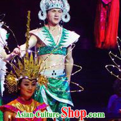 Chinese Lishui Jinsha Dai Nationality Dance Green Clothing Ethnic Wedding Stage Performance Costume for Men