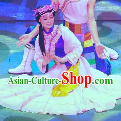 Chinese Lishui Jinsha Yi Nationality Dance Dress Ethnic Wedding Stage Performance Costume and Headpiece for Women