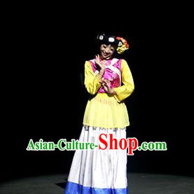 Chinese Lishui Jinsha Yi Nationality Dance White Dress Ethnic Stage Performance Costume and Headpiece for Women