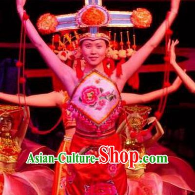 Chinese Lishui Jinsha Zhuang Nationality Dance Dress Ethnic Stage Performance Costume and Headpiece for Women
