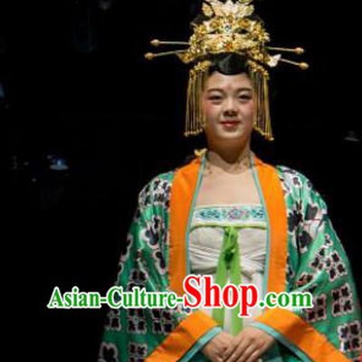 Chinese Encore Dunhuang Tang Dynasty Queen Dance Green Dress Stage Performance Costume and Headpiece for Women
