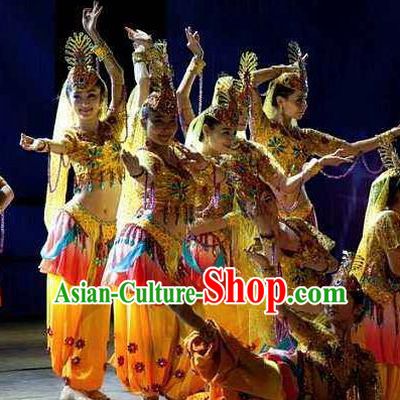 Chinese Turpan Festival Uyghur Nationality Dance Yellow Dress Stage Performance Ethnic Costume and Headpiece for Women