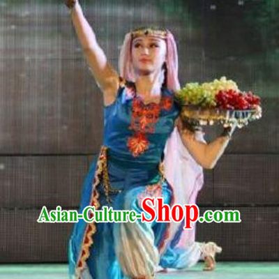 Chinese Turpan Festival Uyghur Nationality Folk Dance Blue Dress Stage Performance Ethnic Costume and Headpiece for Women