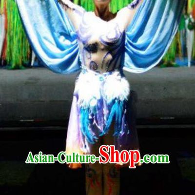 Chinese Shapotou Celebration Folk Dance Blue Dress Stage Performance Costume and Headpiece for Women