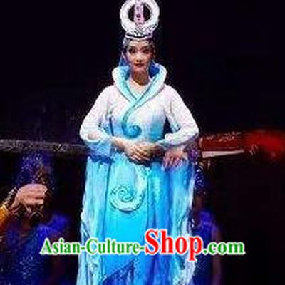 Chinese Shapotou Celebration Hui Nationality Dance Blue Dress Ethnic Stage Performance Costume and Headpiece for Women
