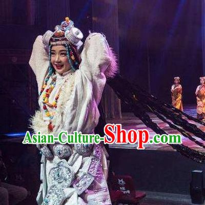 Chinese Encounter Shangri La Impression Tibetan Ethnic Dance White Robe Stage Performance Costume and Headpiece for Women