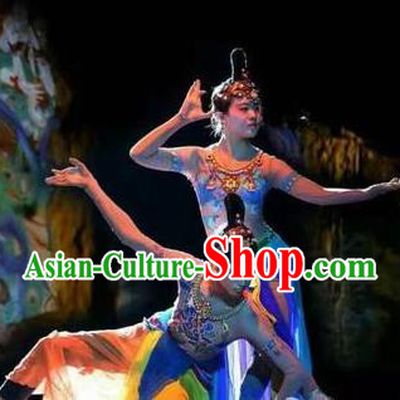 Chinese Encore Dunhuang Classical Dance Blue Dress Stage Performance Costume and Headpiece for Women