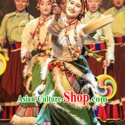 Chinese Encounter Shangri La Impression Tibetan Ethnic Dance Green Robe Stage Performance Costume and Headpiece for Women
