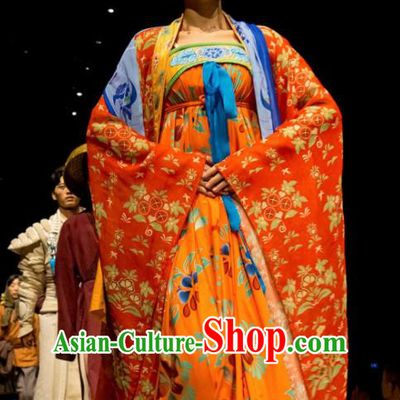Chinese Encore Dunhuang Tang Dynasty Court Dance Orange Dress Stage Performance Costume and Headpiece for Women