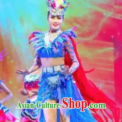 Chinese Jin Show Dan Zhai Miao Nationality Folk Dance Feather Dress Stage Performance Costume and Headpiece for Women