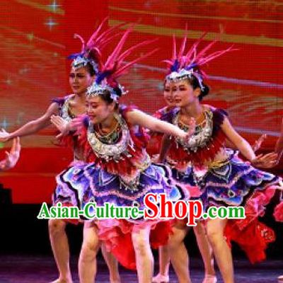 Chinese Jin Show Dan Zhai Miao Nationality Folk Dance Dress Stage Performance Costume and Headpiece for Women