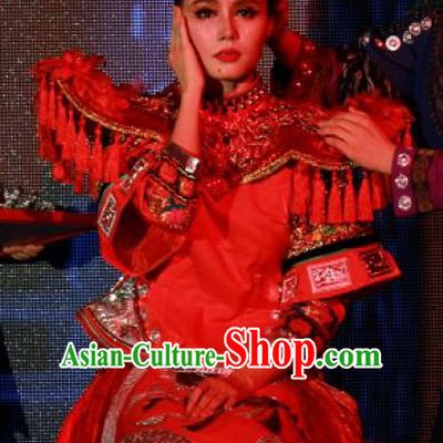 Chinese Jin Show Dan Zhai Miao Nationality Dance Wedding Red Dress Stage Performance Costume for Women