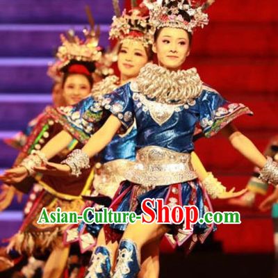 Chinese Jin Show Dan Zhai Miao Nationality Blue Dress Stage Performance Dance Costume and Headpiece for Women