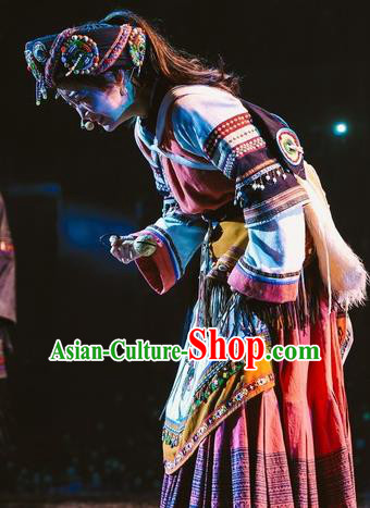 Chinese Encounter Lijiang Naxi Ethnic Dance Dress Stage Performance Costume and Headpiece for Women Chinese Encounter Lijiang Naxi Ethnic Dance Dress Stage Performance Costume and Headpiece for Women