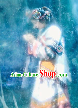 Chinese Encounter Lijiang Naxi Ethnic Dance Dress Stage Performance Costume and Headpiece for Women Chinese Encounter Lijiang Naxi Ethnic Dance Dress Stage Performance Costume and Headpiece for Women