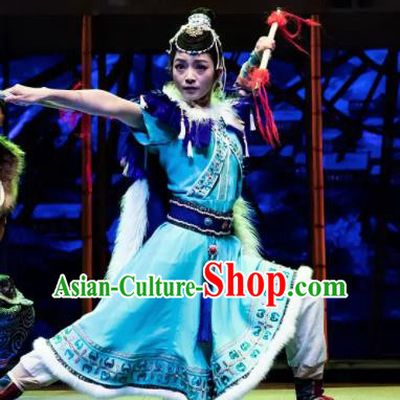 Chinese The Myth Of Snow Mountain Tibetan Nationality Dance Blue Dress Stage Performance Costume for Women
