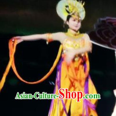 Chinese Picturesque Huizhou Opera Classical Dance Peri Orange Dress Stage Performance Costume and Headpiece for Women