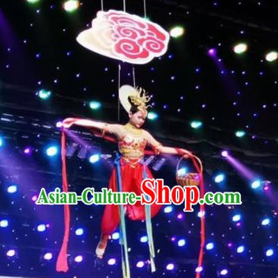 Chinese Picturesque Huizhou Classical Peri Dance Red Dress Stage Performance Costume and Headpiece for Women