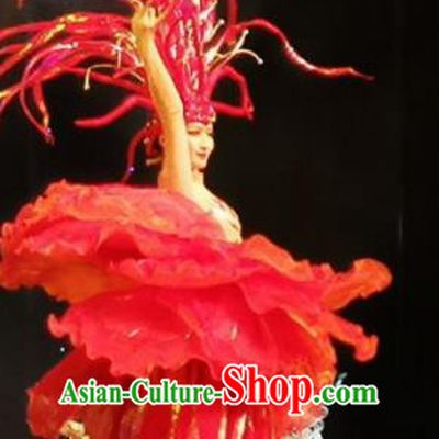 Chinese Picturesque Huizhou Classical Peony Dance Red Dress Stage Performance Costume and Headpiece for Women