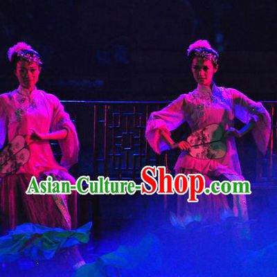 Chinese Picturesque Huizhou Fan Dance Dress Stage Performance Costume and Headpiece for Women