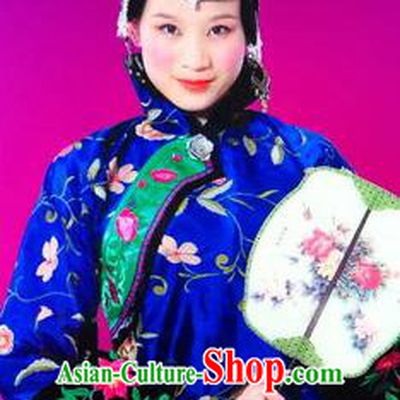Chinese Picturesque Huizhou Fan Dance Blue Dress Stage Performance Costume and Headpiece for Women