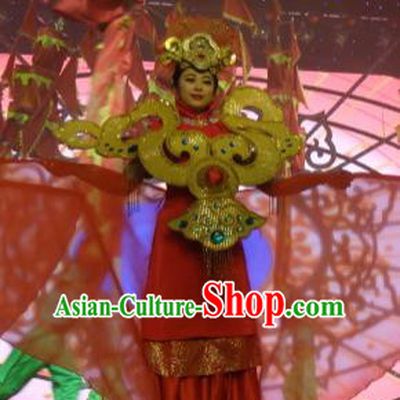 Chinese Picturesque Huizhou Classical Dance Red Dress Stage Performance Costume and Headpiece for Women