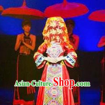 Chinese Charm Xiangxi Tujia Nationality Dance Wedding Red Dress Stage Performance Costume and Headpiece for Women