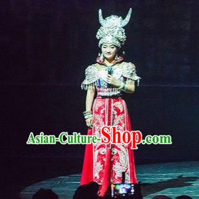 Chinese Charm Xiangxi Miao Nationality Dance Red Dress Stage Performance Costume and Headpiece for Women